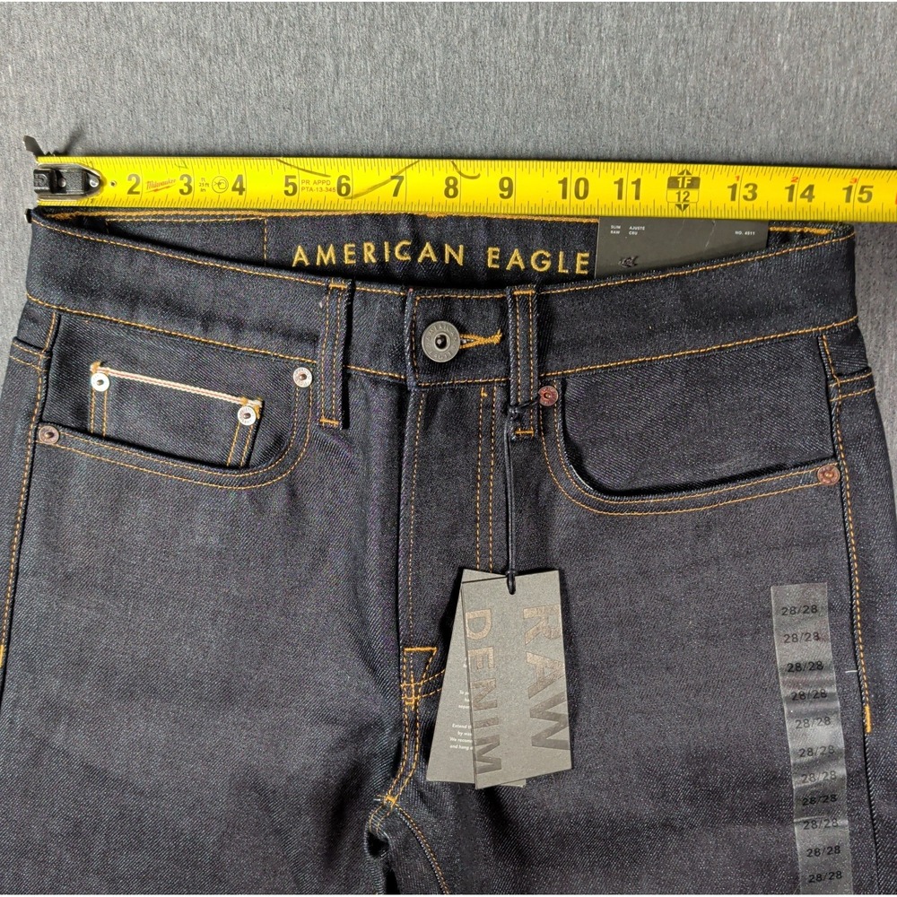 NWT American‎ Eagle Raw Selvedge Denim Jeans Men 28x28 Slim Dark Wash Crop Pants - Picture 5 of 16